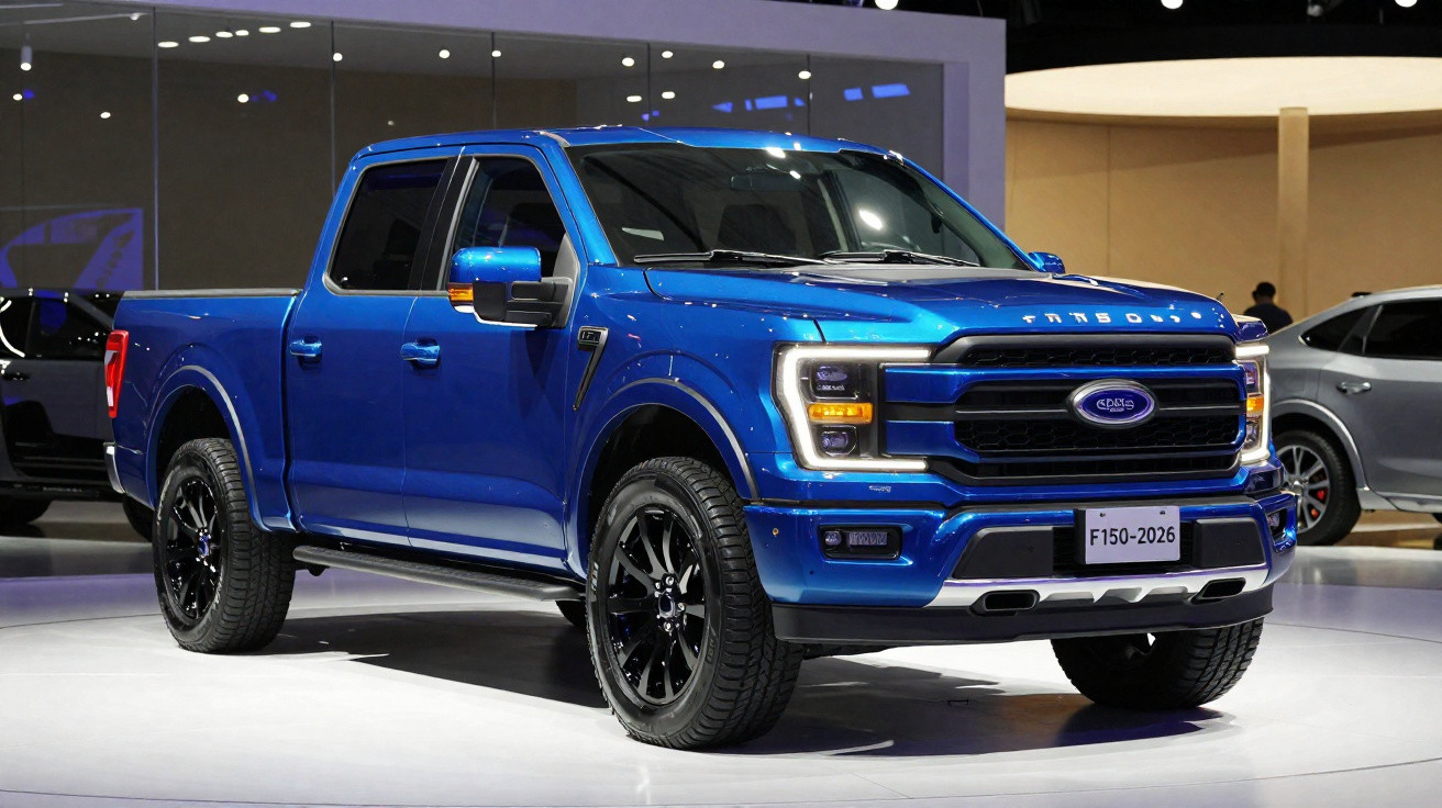 Blauer Ford F150 Pickup Truck 2026 Modell auf Ausstellung mit heller Beleuchtung und schwarzen Felgen
