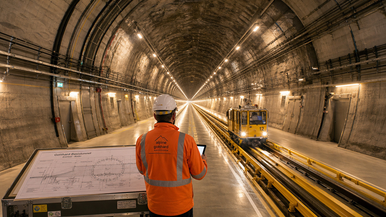 Person mit Schutzhelm und oranger Warnjacke im Gotthard-Basistunnel vor kleiner Wartungsbahn und Tunnelzeichnung.