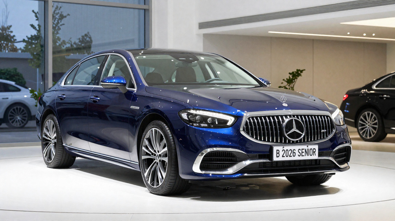 Blauer Mercedes-Benz Luxuslimousine in modernem Showroom, Fahrzeug mit Panamericana-Kühlergrill und grossen Leichtmetallräder