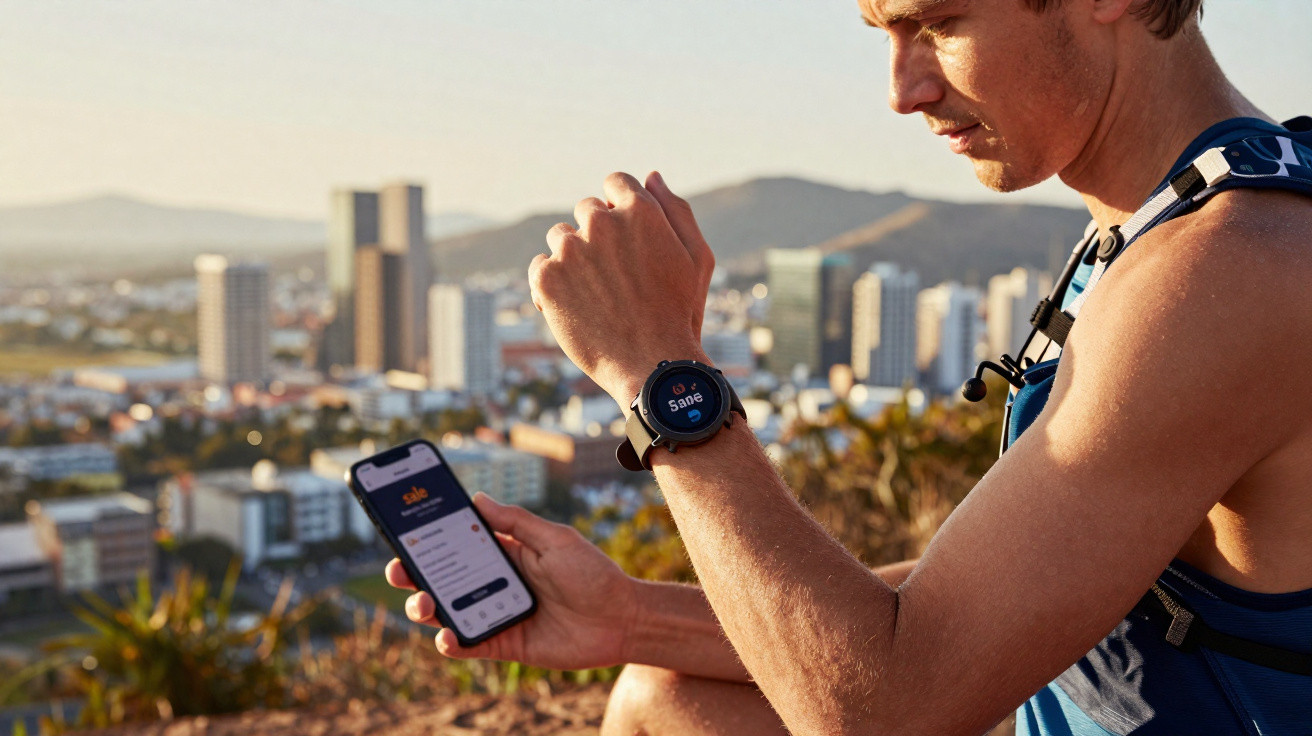 Mann mit Sportuhr und Smartphone überprüft Trainingsdaten vor einer Stadtlandschaft bei Sonnenuntergang.