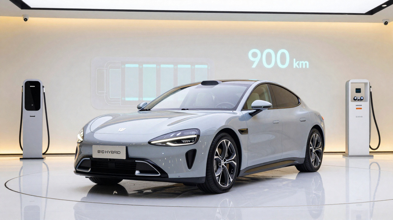 Ein graues Elektroauto steht in einem futuristischen Raum mit Ladegeräten und Reichweitenanzeige von 900 km.