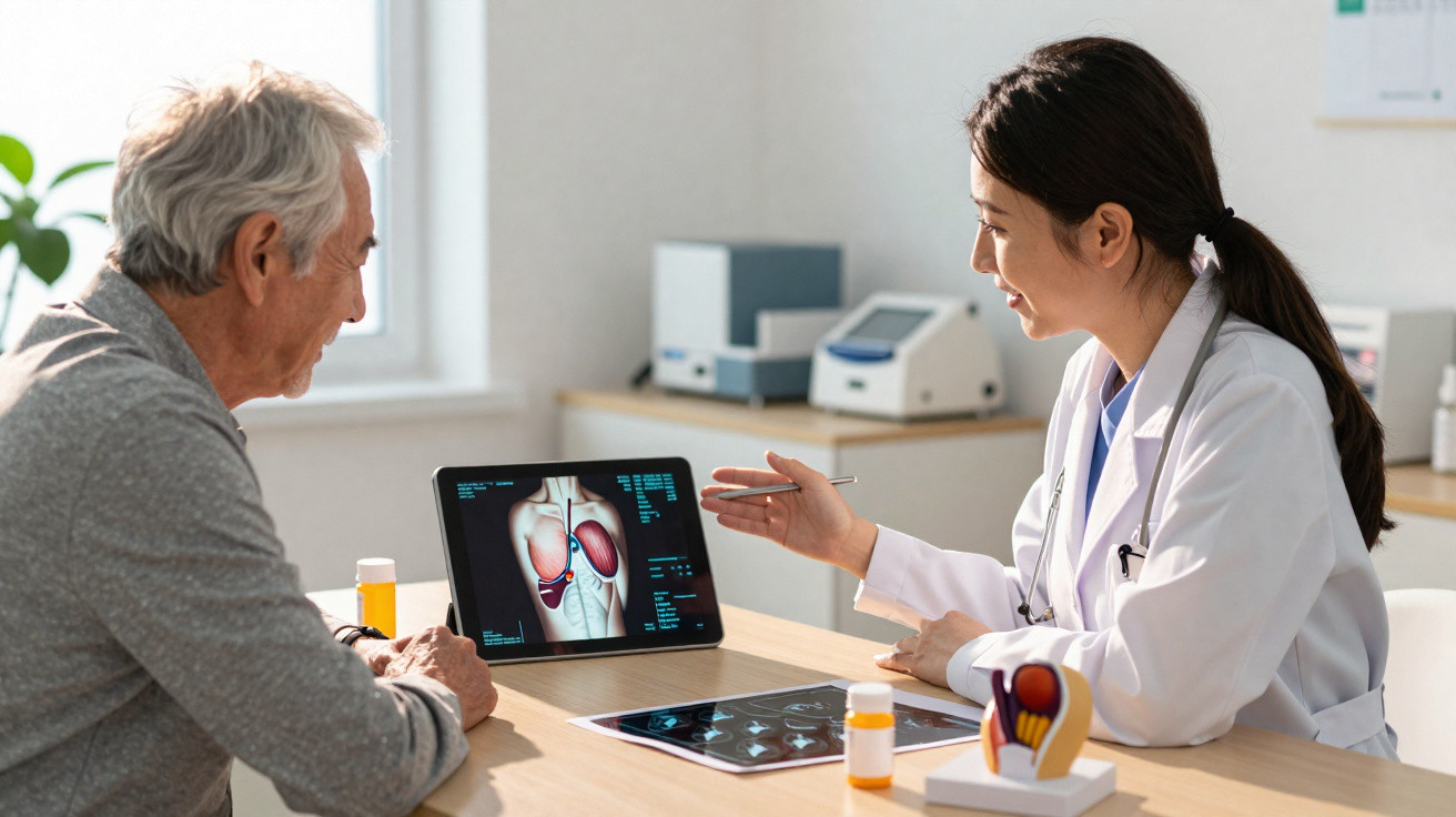 Ärztin erklärt älterem Mann eine Lungenanatomie auf Tablet im hellen Sprechzimmer.