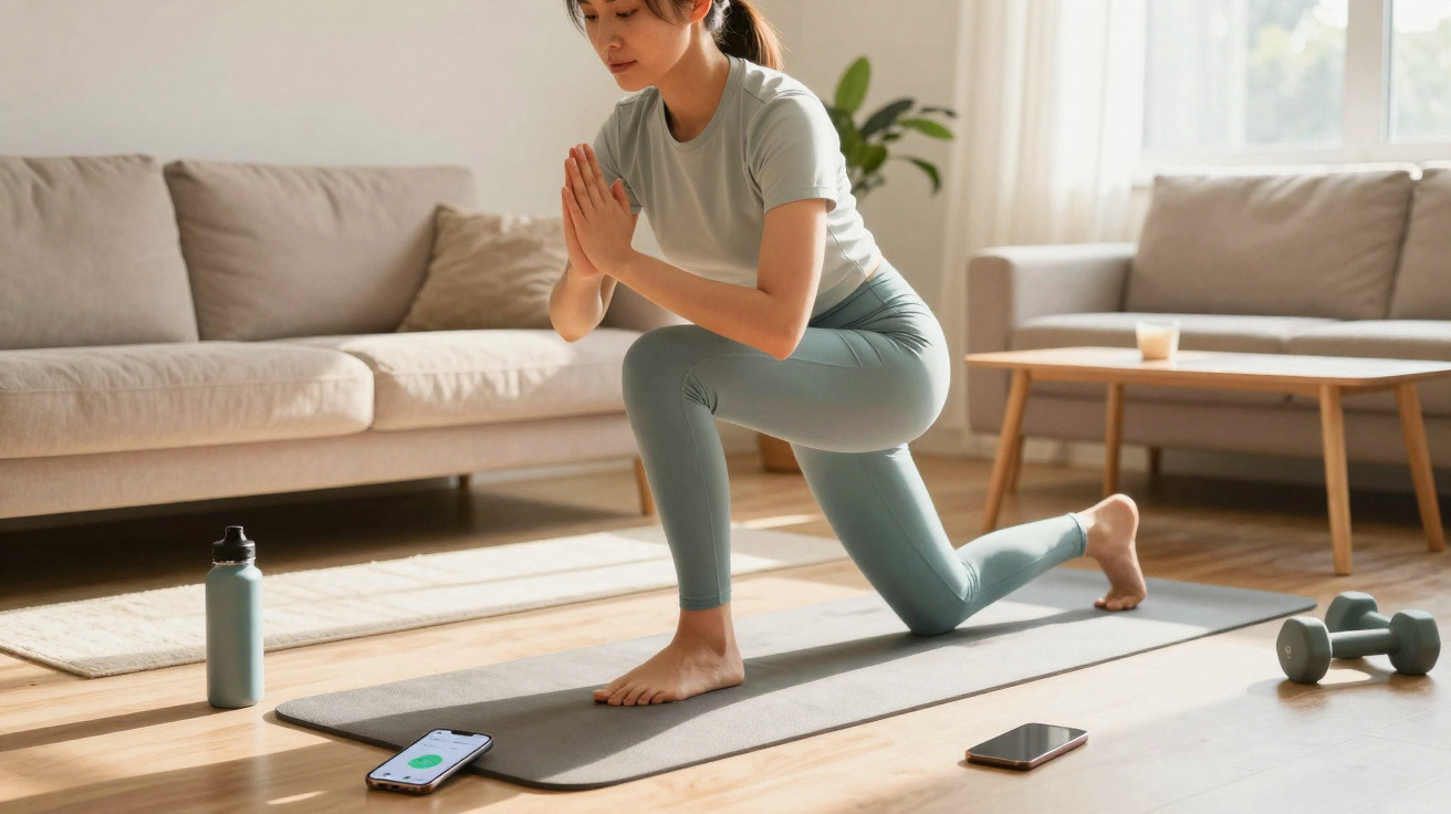 Frau macht Ausfallschritt-Übung mit Händen in Gebetshaltung auf Yogamatte im hellen Wohnzimmer.