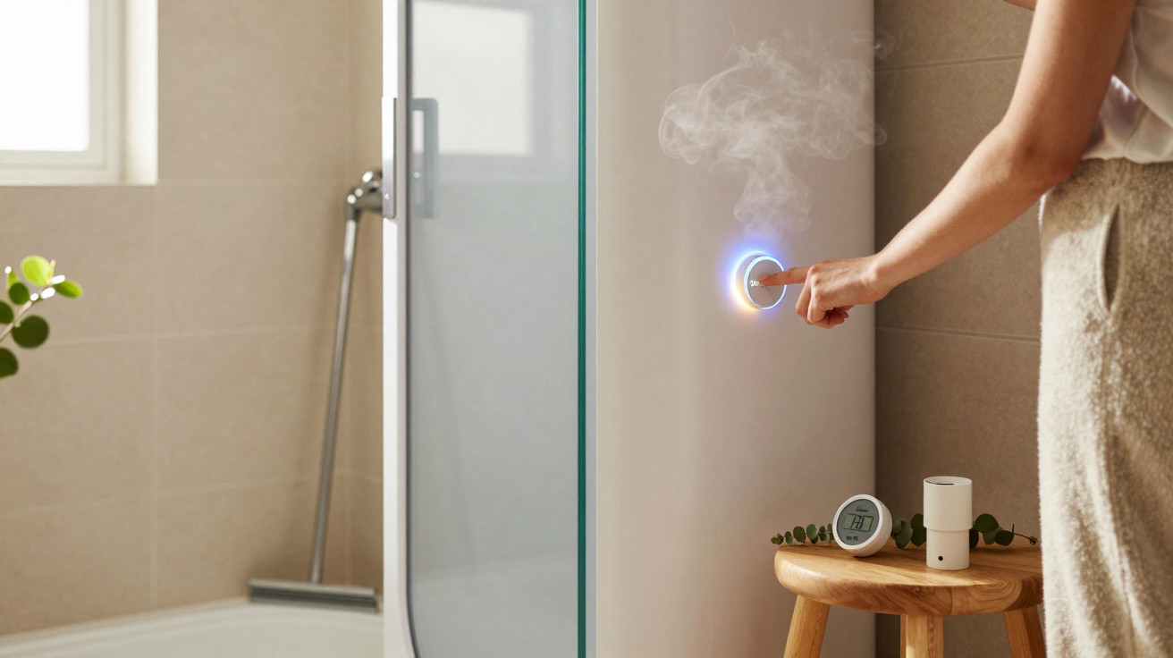 Person stellt digitalgesteuerten Dampfgenerator in modernem Badezimmer mit Glasdusche ein.