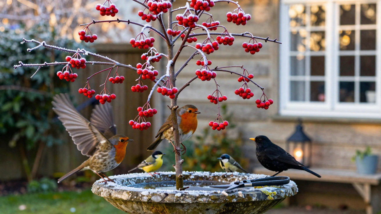 Vogelfutterstelle mit Rotkehlchen, Kohlmeisen und einer Amsel unter einem Ast mit roten Beeren im Garten vor Haus.