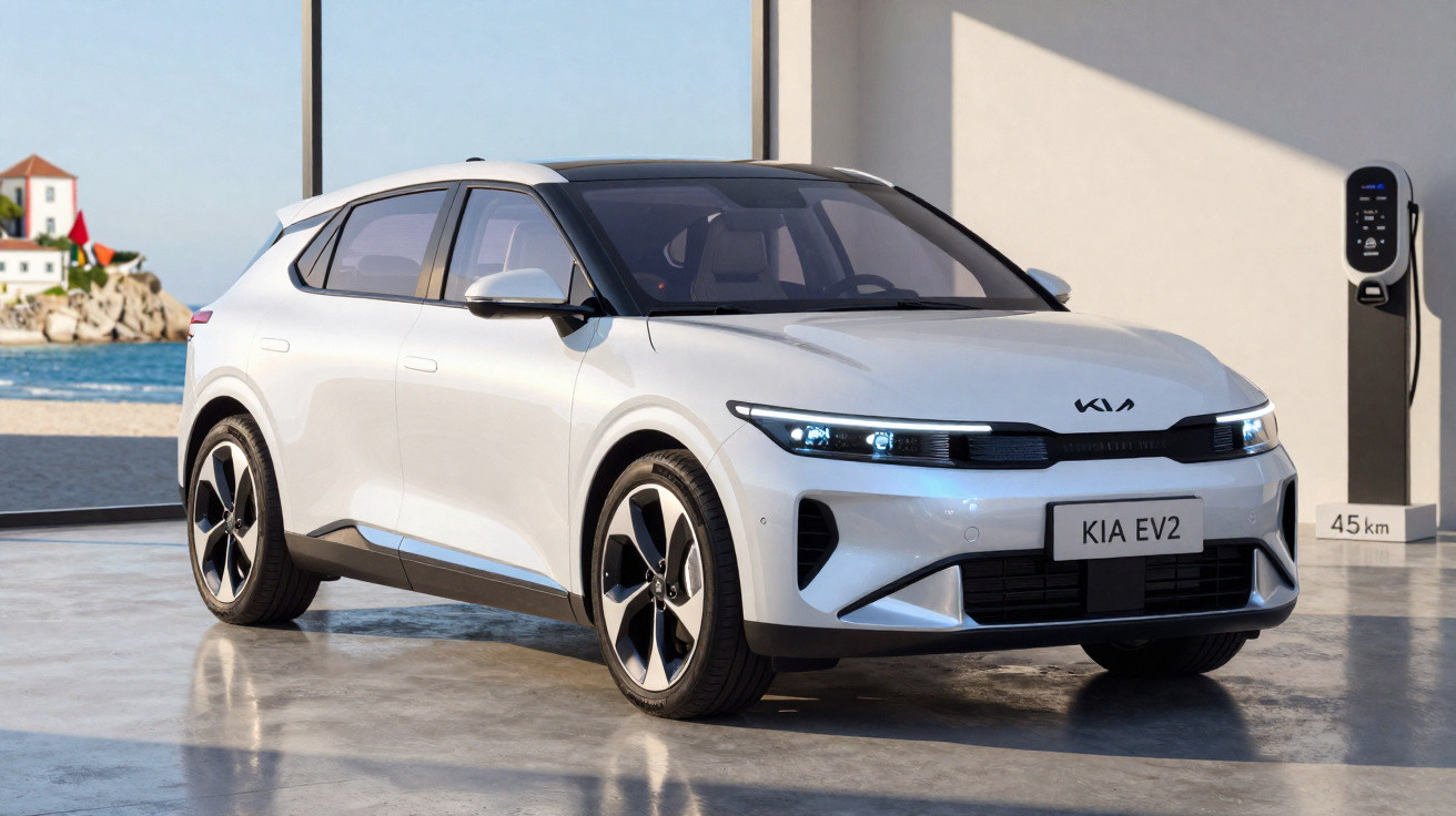 Weisser Kia EV2 Elektro-SUV lädt neben Ladestation in heller, moderner Garage mit Meerblick.