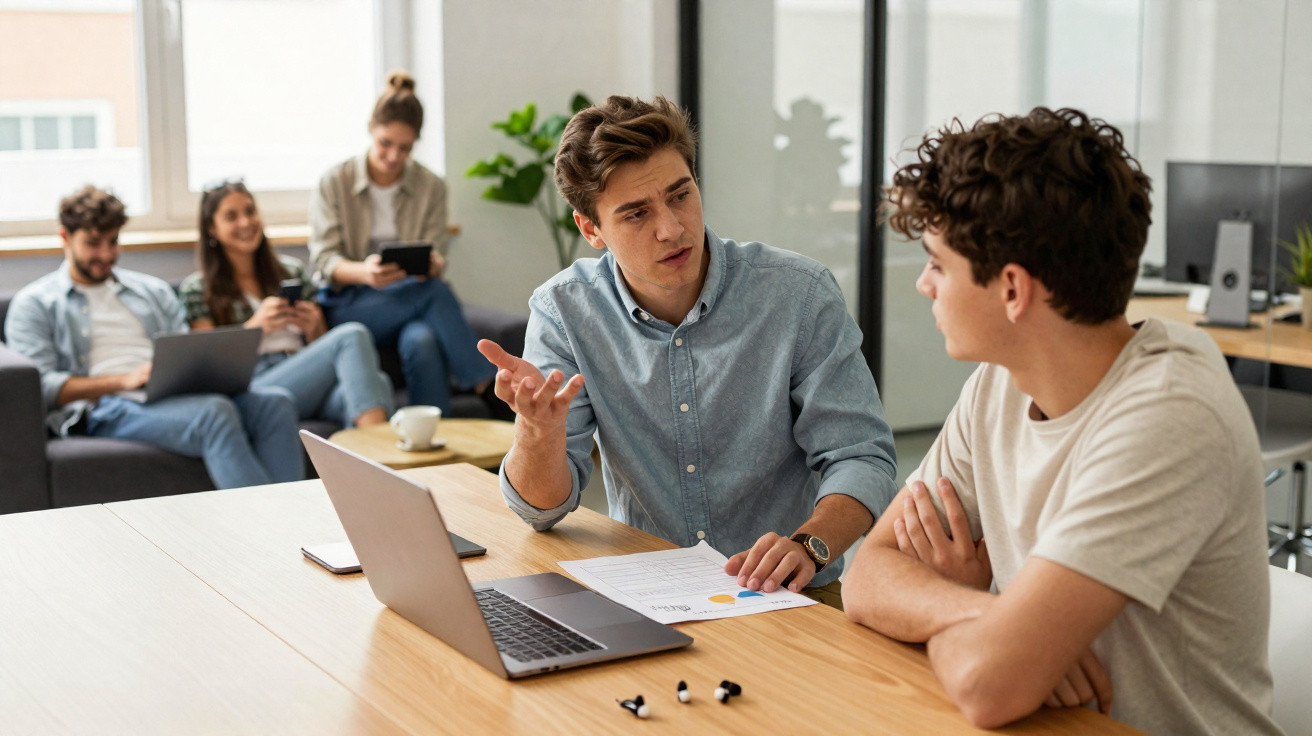 Zwei junge Männer diskutieren bei der Arbeit an einem Tisch mit Laptop und Dokumenten, im Hintergrund sitzen drei Personen.
