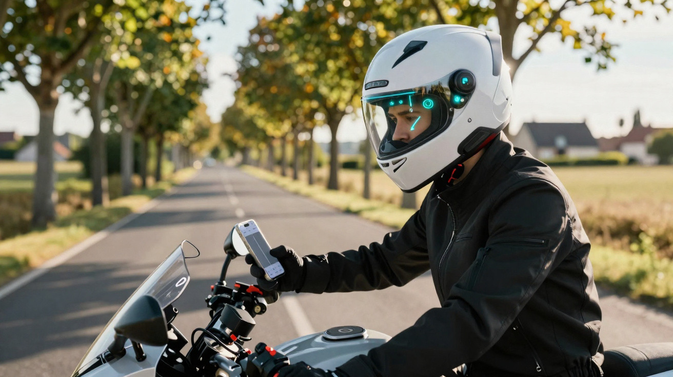 Motorradfahrer in weissem Helm bedient Smartphone auf Landstrasse mit Bäumen und Feldern im Hintergrund.