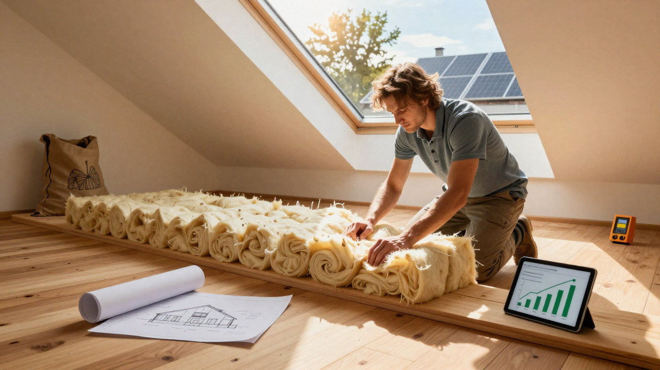 Mann bringt Isoliermaterial in einem Dachzimmer mit Solarpanel im Fenster an, Zeichnungen und Tablet sichtbar.