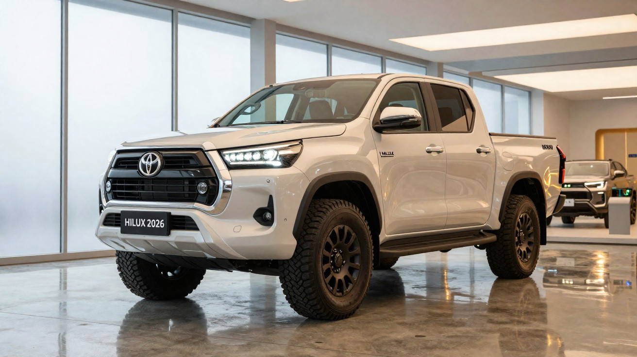 Neuer weisser Toyota Hilux 2026 Pick-up in hellem, modernem Showroom mit grossen Fenstern und Spiegelungen auf Boden.