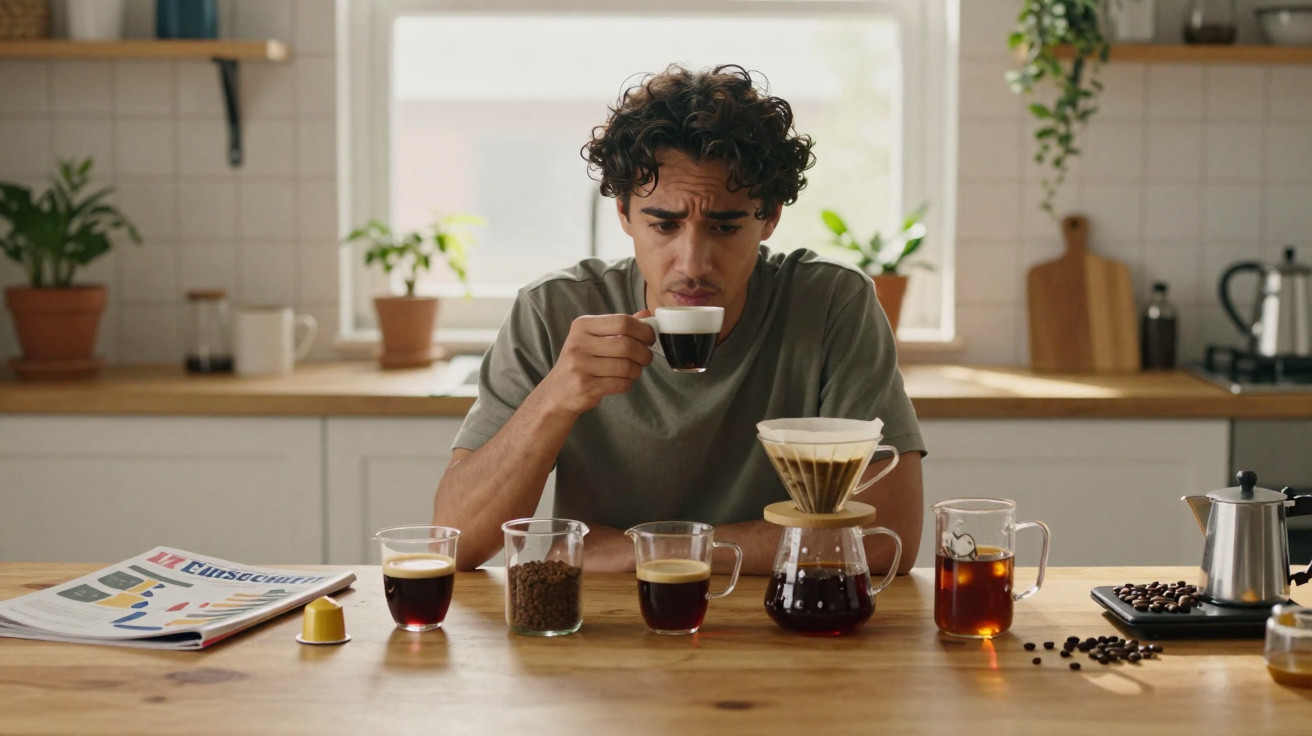 Junger Mann testet verschiedene Kaffeesorten und Methoden an Holztisch in moderner Küche.