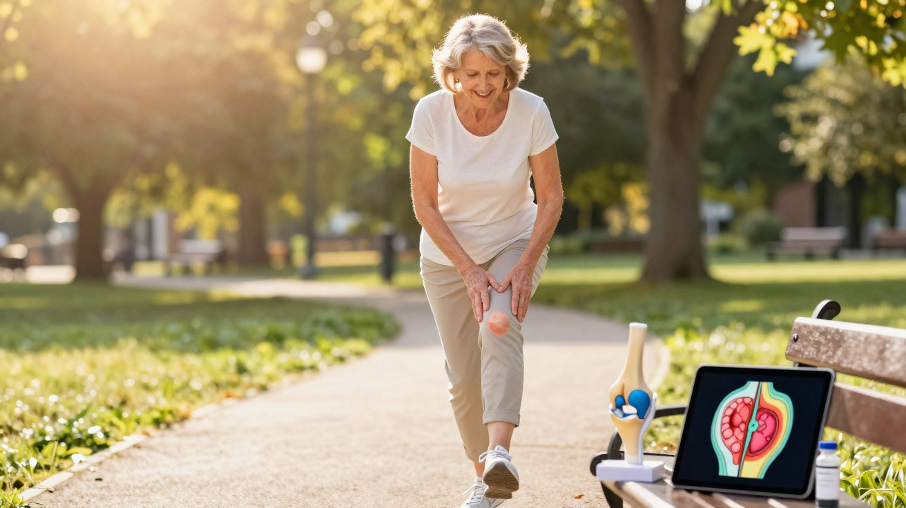 Ältere Frau macht Gehtraining mit Ball im Park, neben ihr Modelle von Kniegelenk und Tablet mit Gelenkbild.