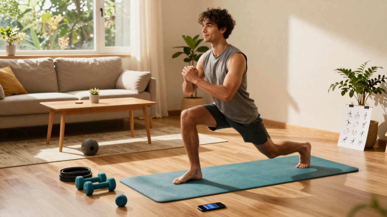 Junger Mann macht Ausfallschritt-Übung auf Yogamatte im hellen Wohnzimmer mit Pflanzen und Hanteln.