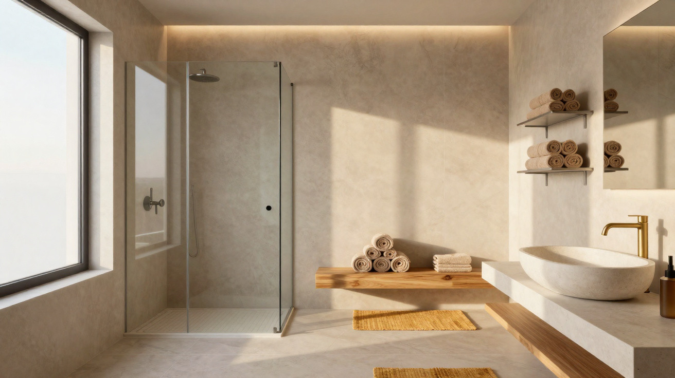 Helles, modernes Badezimmer mit Glasdusche, Holzbank, Handtüchern und grossem Fenster für Tageslicht.