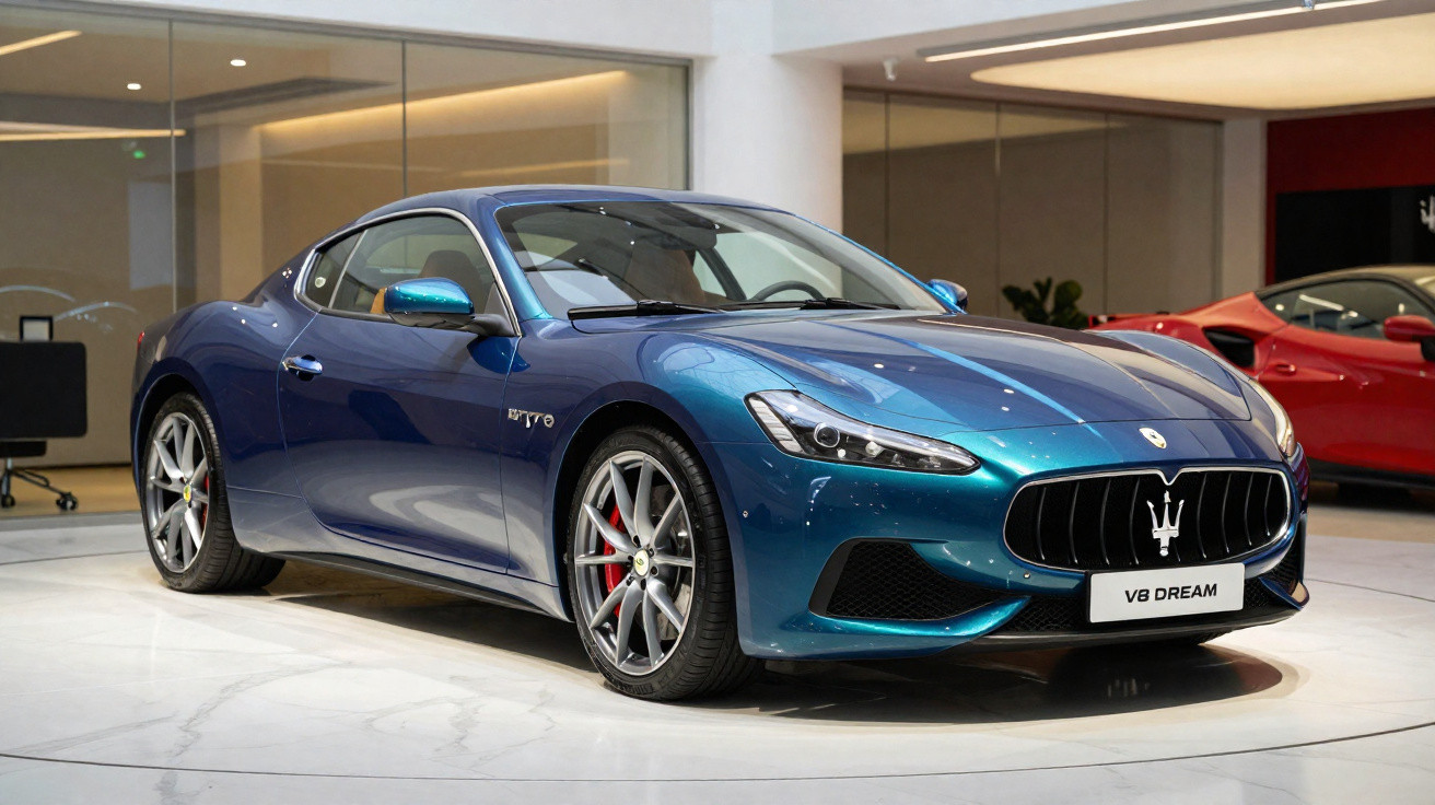 Blauer Maserati Sportwagen mit V8 DREAM Nummernschild in modernem Showroom auf weissem Boden.