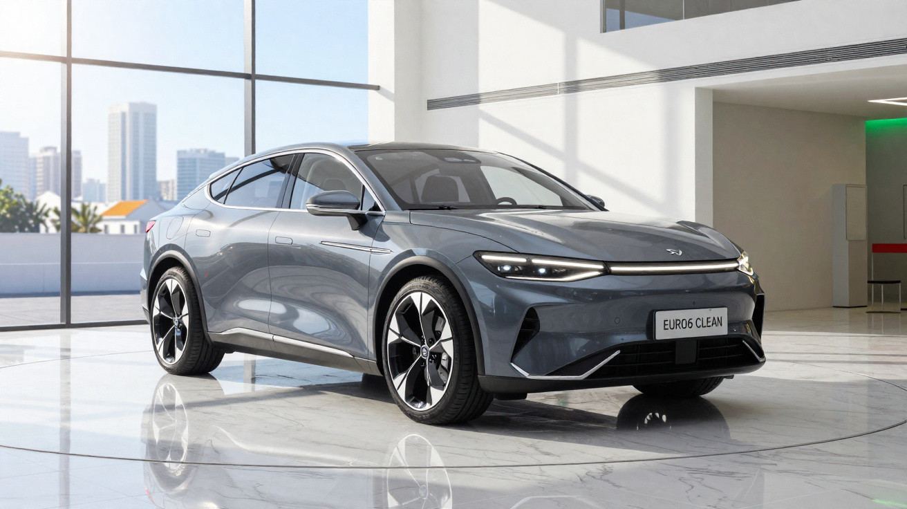 Graues Elektroauto im Showroom mit grosser Glasfront und Stadtansicht im Hintergrund.