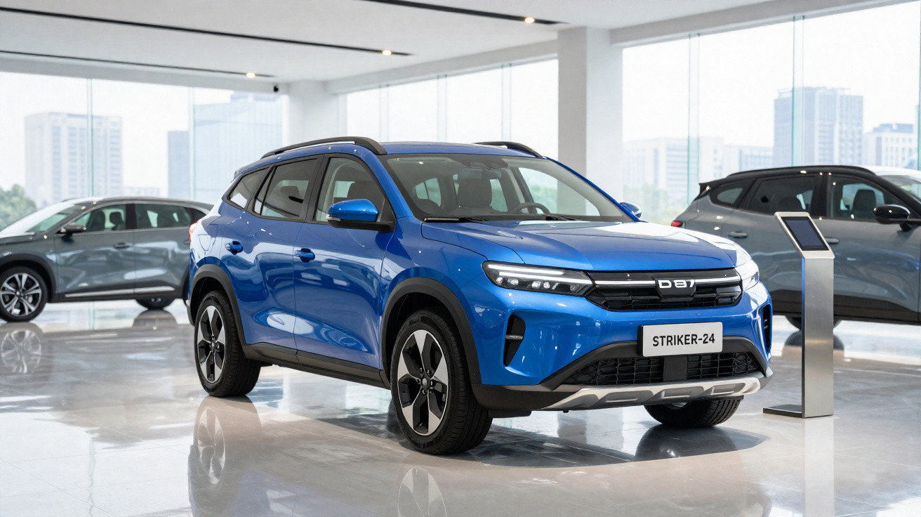 Blauer SUV steht in einem hellen Autohaus mit grossen Fenstern und mehreren ausgestellten Fahrzeugen.