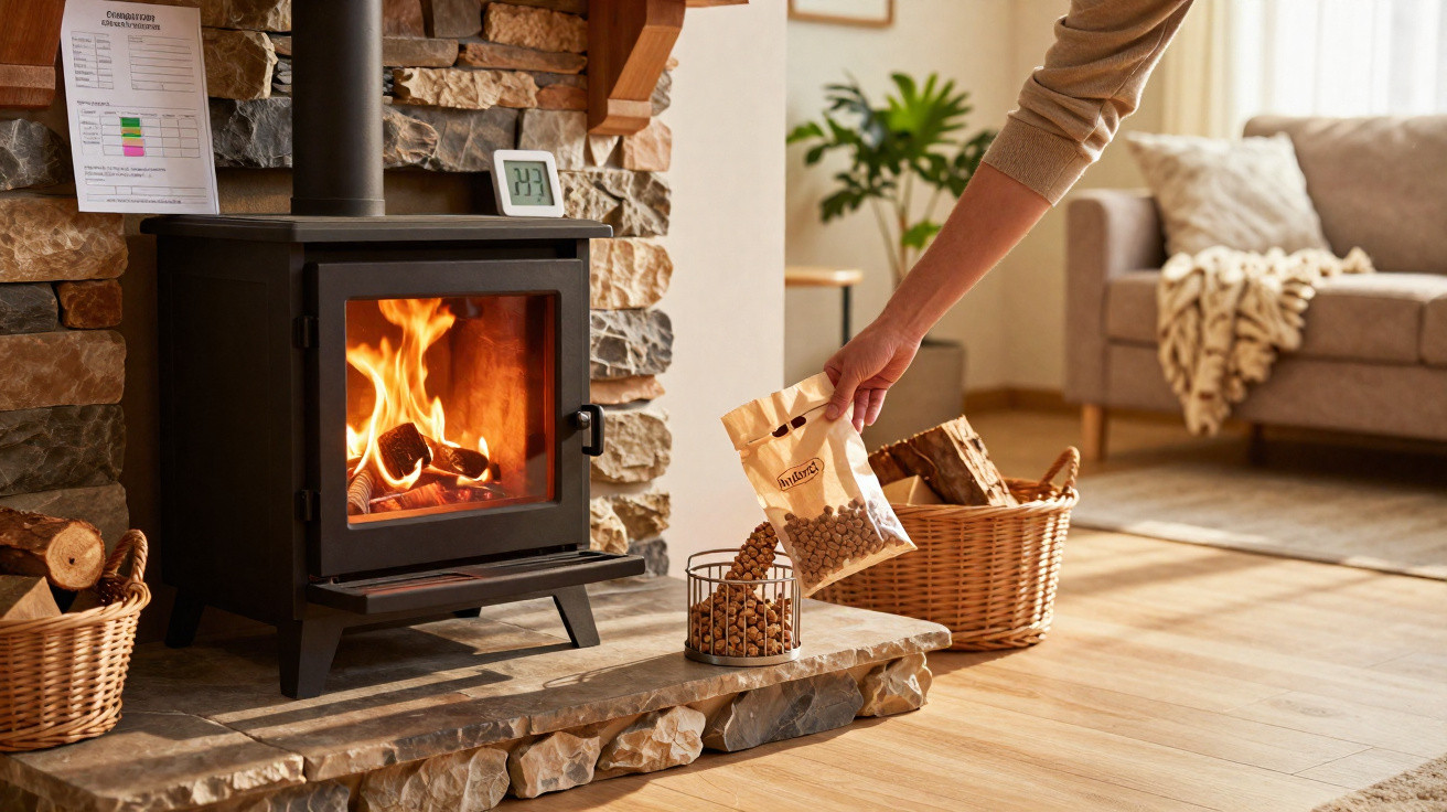 Hand füllt Körbchen mit Duftkugeln vor brennendem Kamin im gemütlichen Wohnzimmer.
