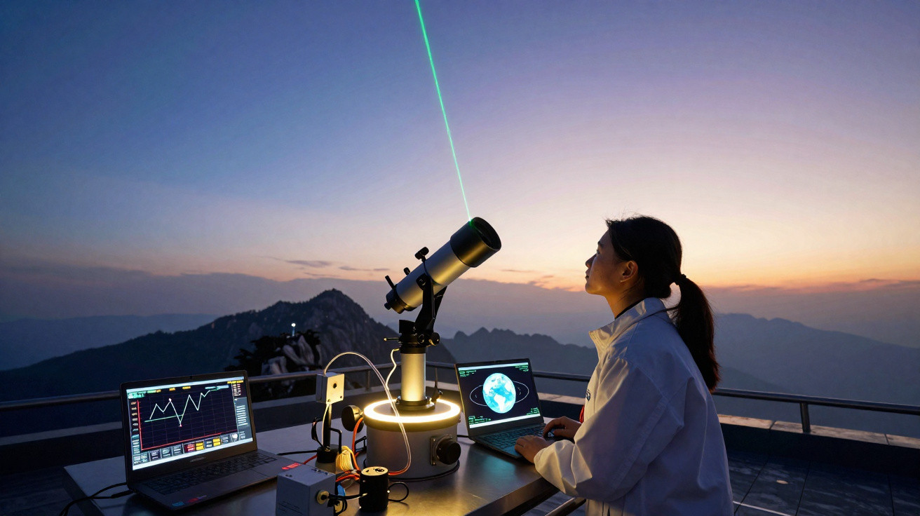 Frau beobachtet mit Teleskop und Laserstrahl den Himmel bei Dämmerung auf Bergterrasse mit Laptops.