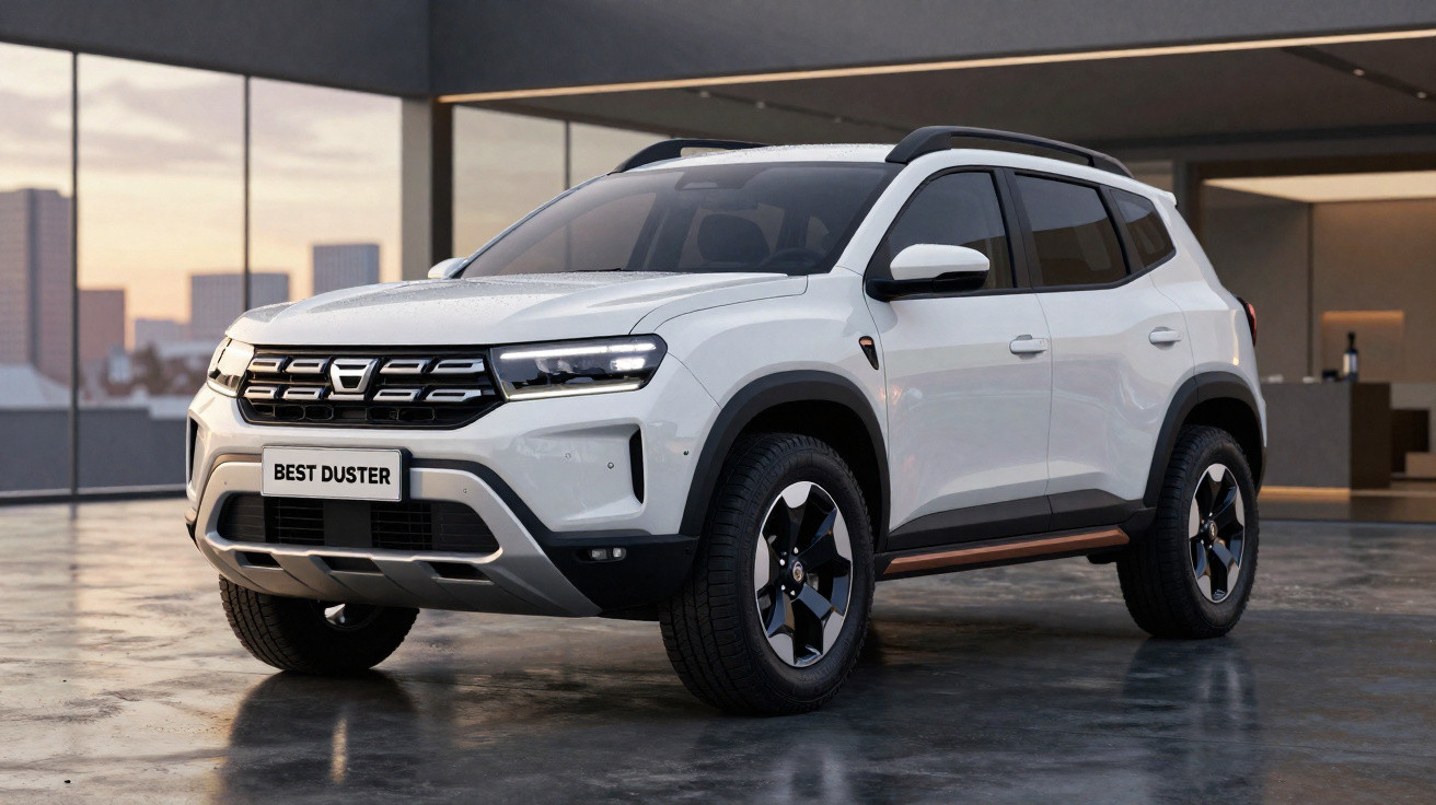Weisser Dacia Best Duster SUV, Frontseite, geparkt in modernem Gebäude mit grossen Fenstern bei Abendlicht.