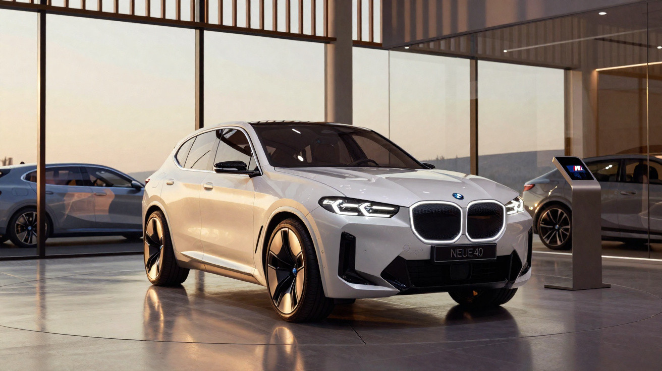 Weisser BMW iX1 parkiert in modernem Showroom mit grossen Glasfenstern und digitaler Infotafel.