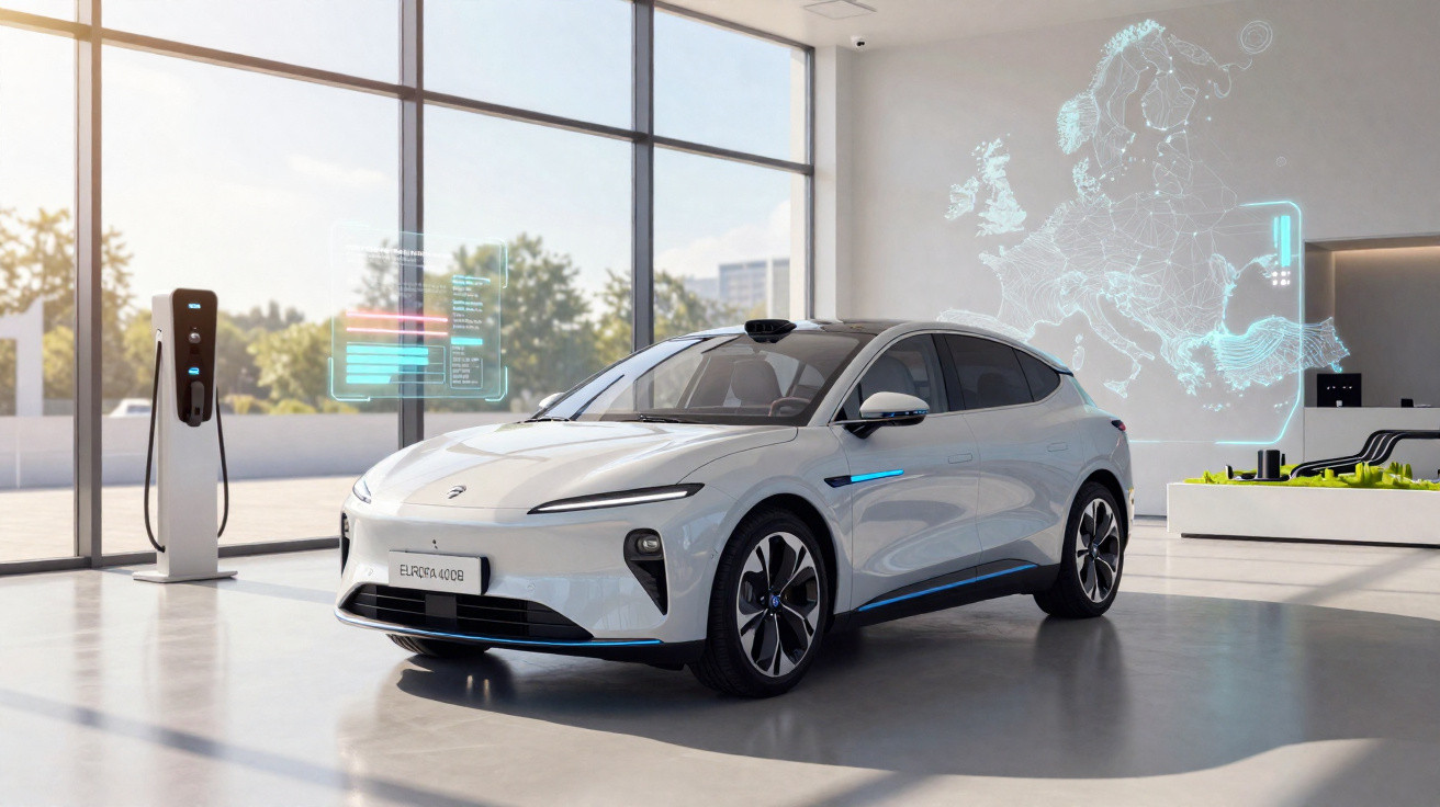 Weisses Elektroauto mit futurivem Design in modernem Showroom neben Ladestation und digitaler Europa-Karte.