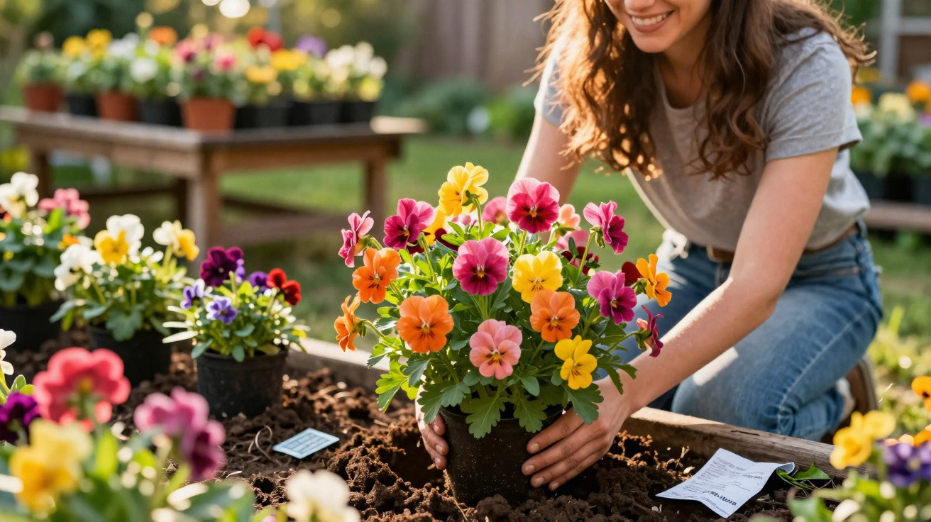 Frau pflanzt farbige Stiefmütterchen in Blumenkasten im Garten bei Sonnenlicht.