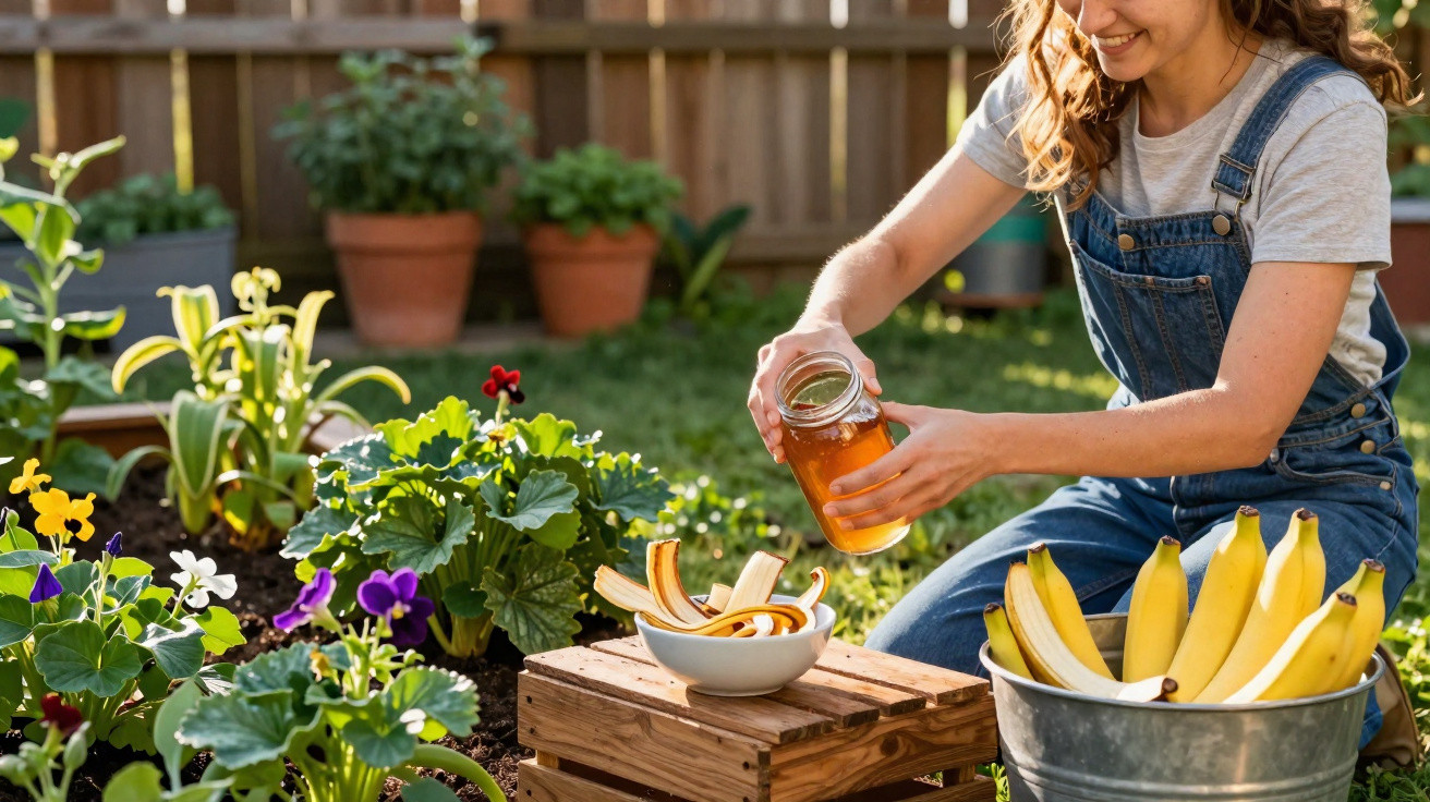 Frau giesset ein Glas Honig über Bananenschalen in einem Garten mit Blumen und Pflanzen.