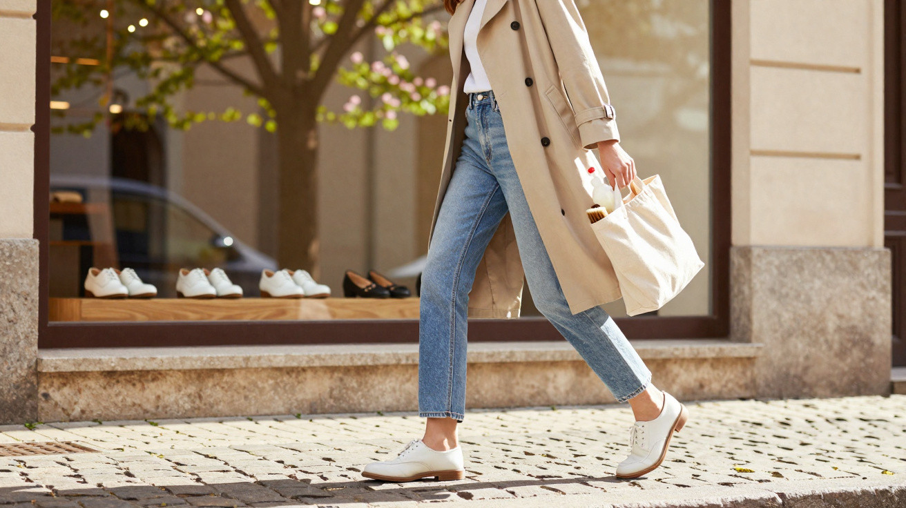 Frau in Trenchcoat und Jeans geht an Schaufenster mit Schuhen, trägt Einkaufstasche in der Hand.