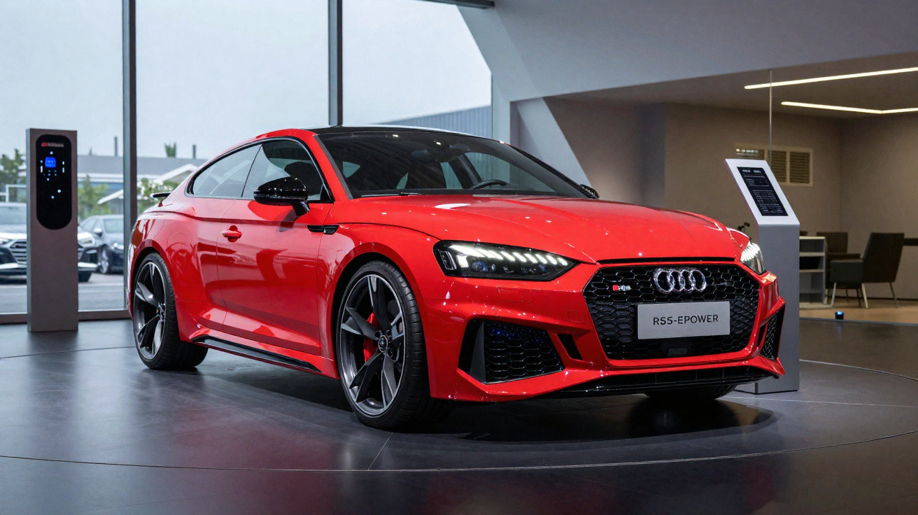 Rotes Audi RS5 Coupé in modernem Autohaus mit Beleuchtung und Infoständer im Hintergrund.