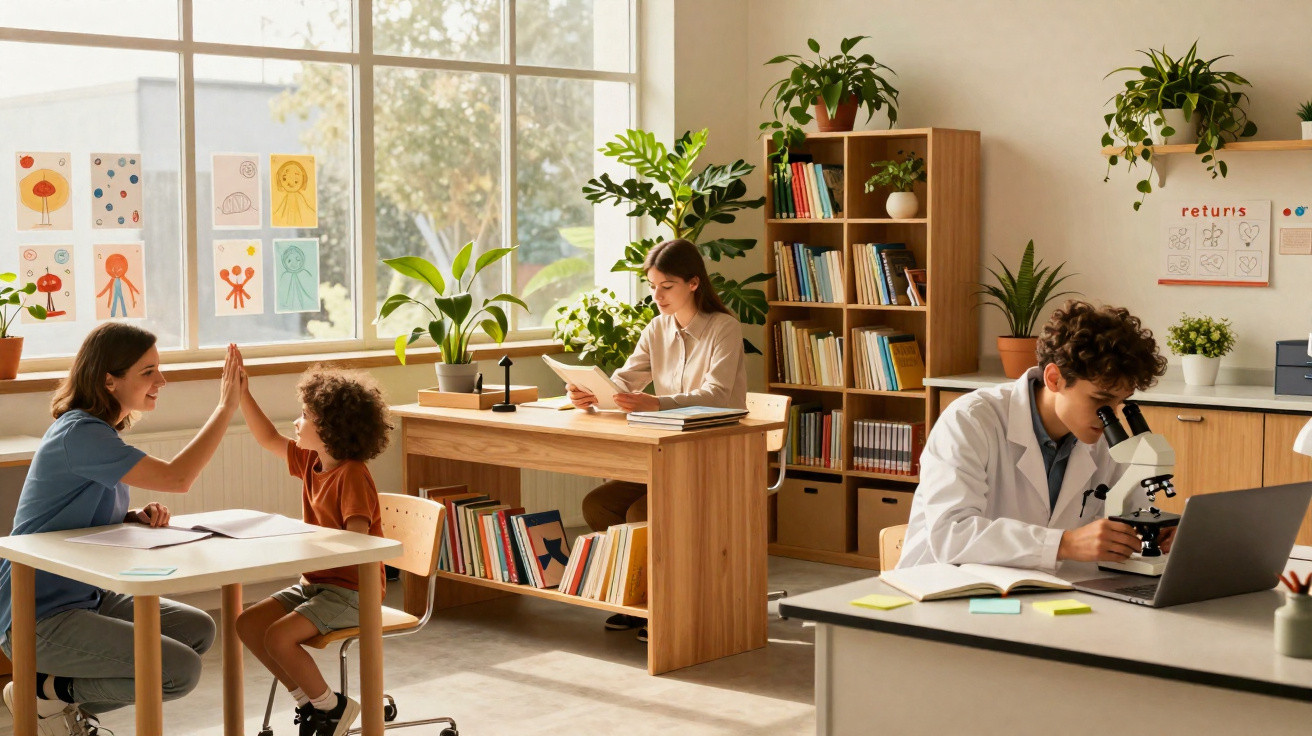 Hell beleuchtetes Klassenzimmer mit Lehrer, Kind, Lesender Person und Schüler am Mikroskop und Laptop