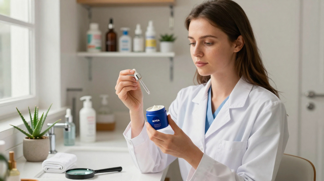 Frau im weissen Kittel begutachtet mit Pipette eine Nivea-Creme im hellen Laborumfeld.