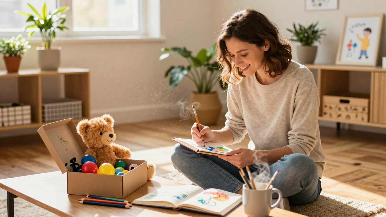 Frau malt auf Boden sitzend, umgeben von Spielzeug, Buntstiften und offenen Büchern in hellem Wohnzimmer.