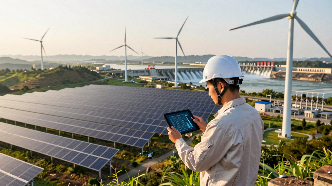 Ingenieur mit Tablet vor Solarpanels, Windrädern und Wasserkraftwerk in sonniger Landschaft.