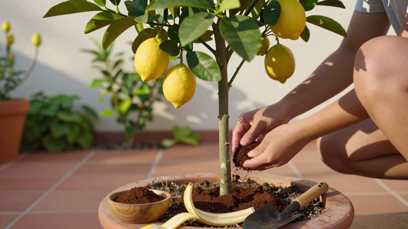 Person pflegt Zitronenbaum in Topf auf Terrasse mit frischer Erde und Gartenschaufel.