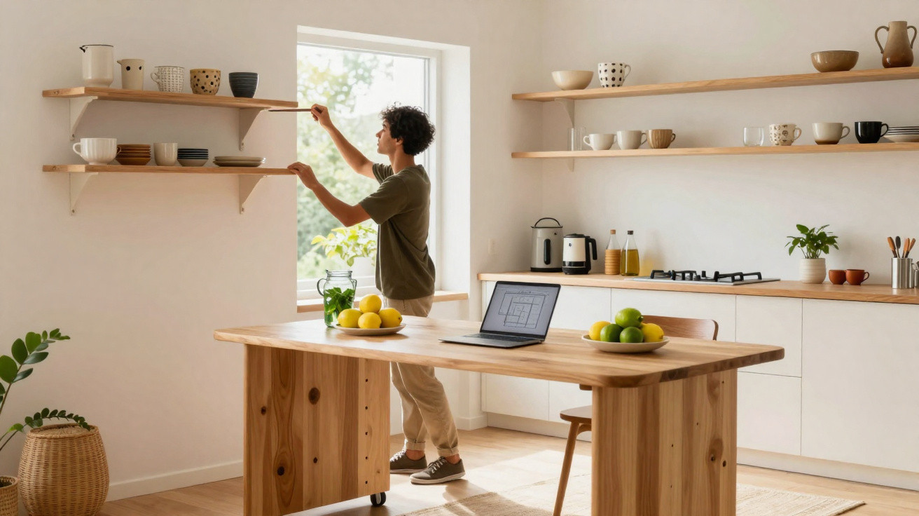 Moderner Küchenraum mit Holzregalen, Küchentisch mit Laptop, Obstschalen und Person beim Abstellen von Tellern.
