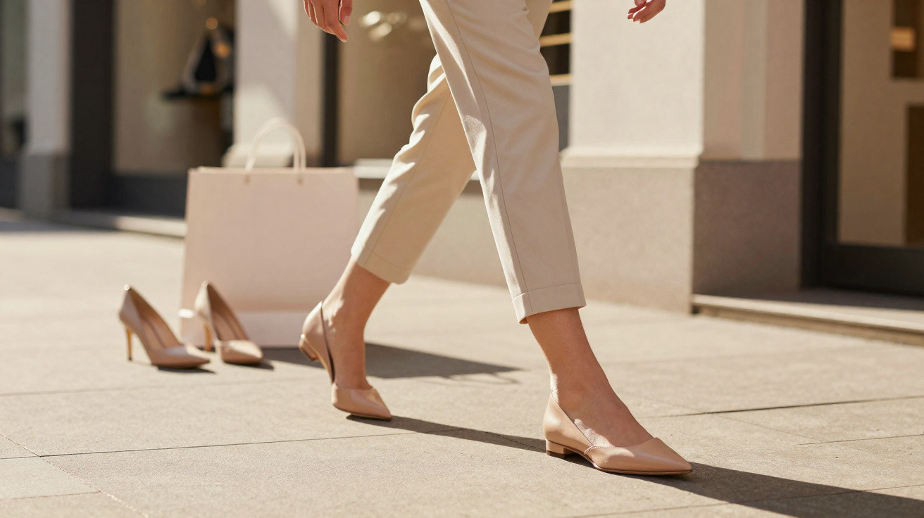 Frau geht in beigen flachen Schuhen, neben ihr stehen High Heels und eine passende Tasche auf dem Boden.