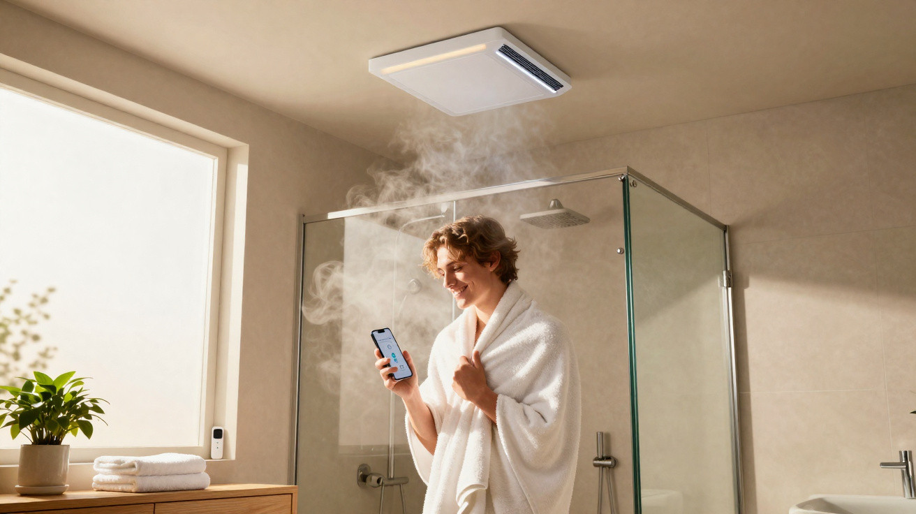 Person in Bademantel mit Smartphone in dampfigem Badezimmer vor Dusche mit Glaswand und Deckenlüfter