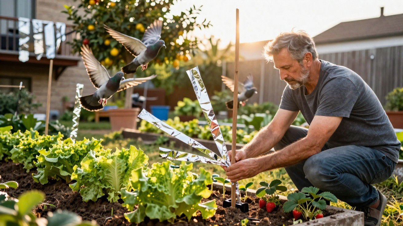Mann befestigt im Garten reflektierende Bänder gegen Tauben, die über Salat und Erdbeeren fliegen.