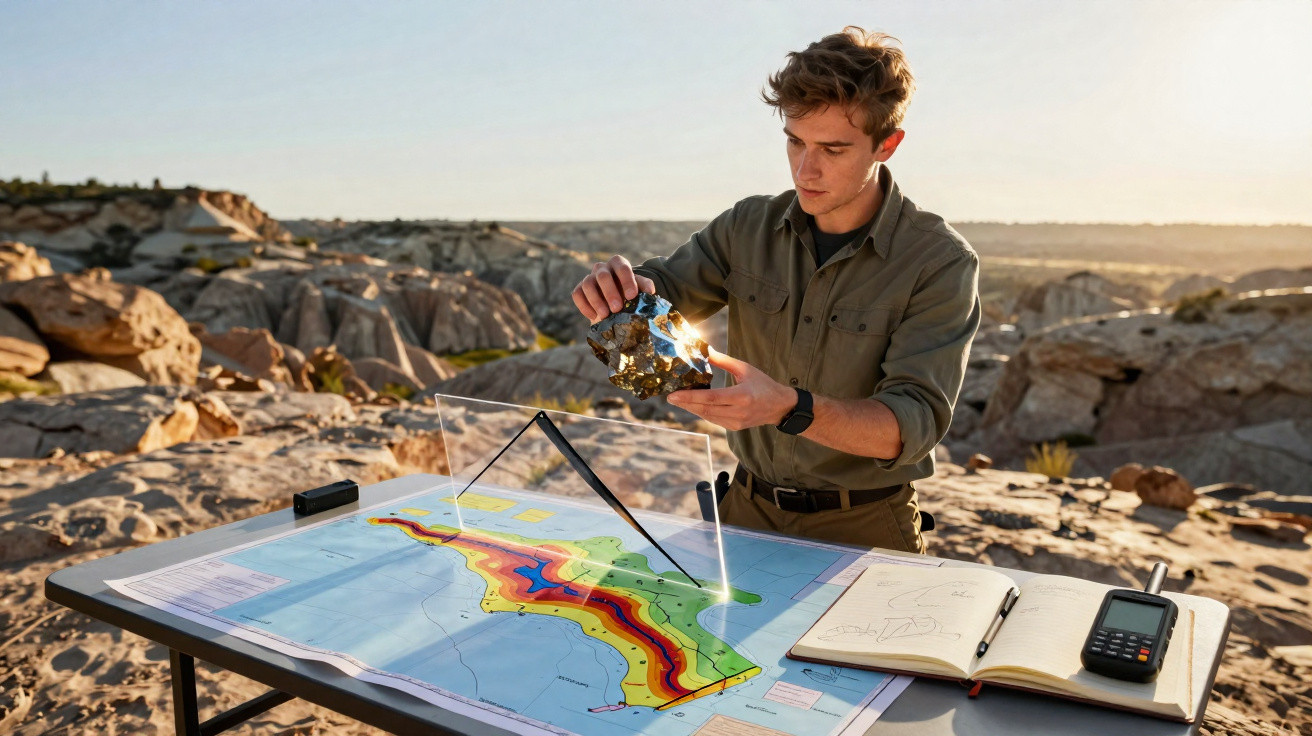 Ein Mann analysiert im Gelände eine Gesteinsprobe über einer farbigen geologischen Karte bei Sonnenlicht.