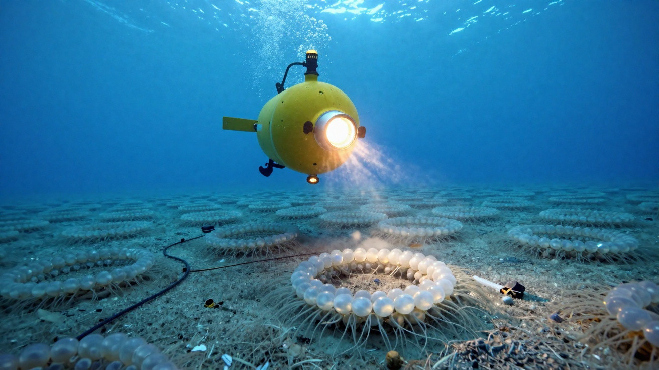 Gelbe Unterwasser-Drohne mit Licht über Meeresboden voller kreisförmiger Netze und Leuchtbojen.