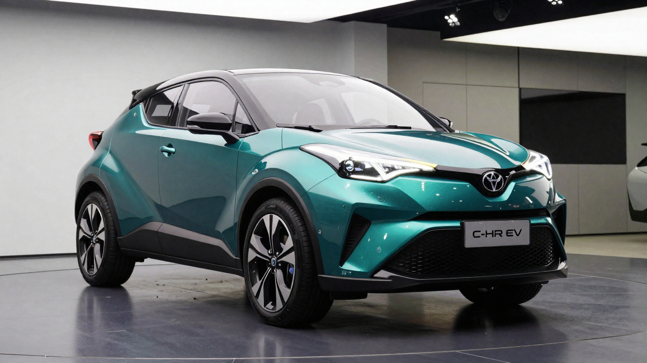 Türkisfarbener Toyota C-HR EV Elektro-SUV in modernem Ausstellungsraum, Front- und Seitenansicht.