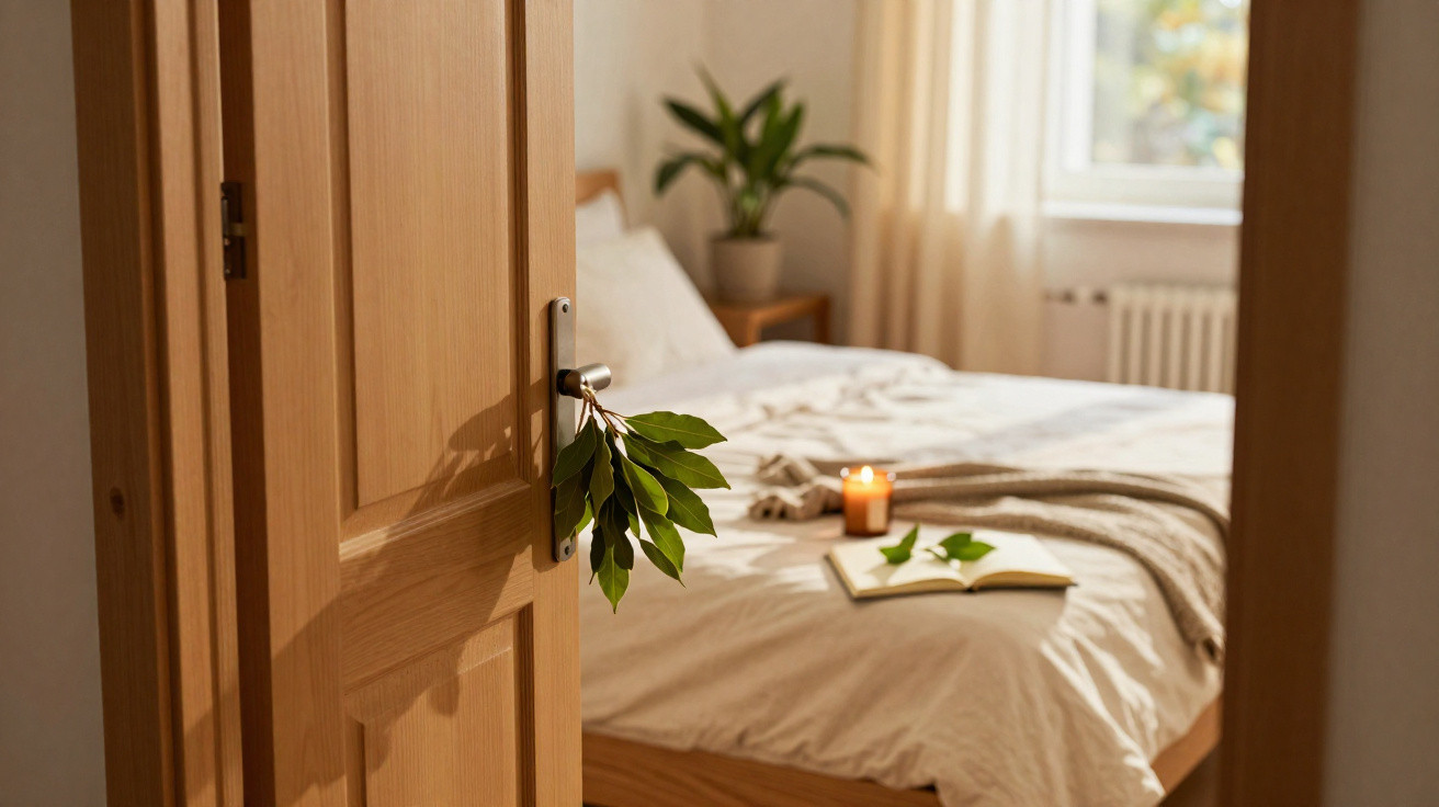 Offene Holztür mit grünen Blättern am Griff, Blick ins helle Schlafzimmer mit Bett, Kerze und Buch.