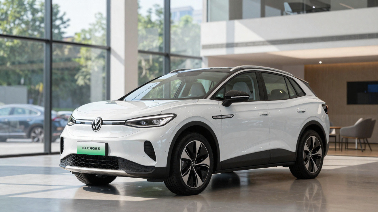 Weisser Volkswagen ID. Cross Elektro-SUV steht in modernem, hellen Autohaus mit grossen Fenstern.
