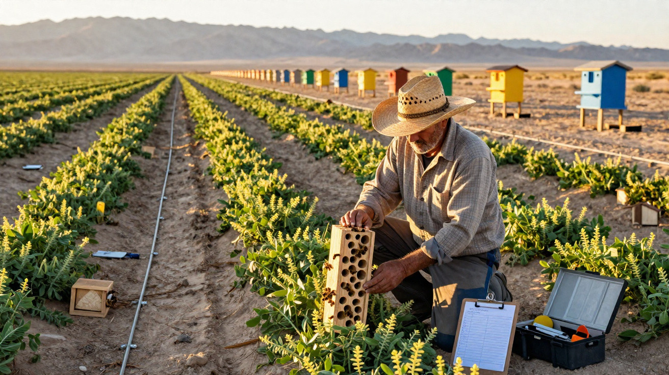 Landwirt mit Strohhut kontrolliert Bienenstöcke in einem Feld mit bunten Bienenkästen bei Sonnenuntergang.