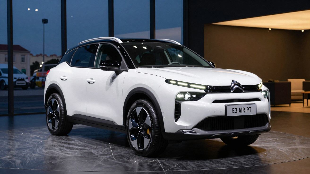 Weisser Citroën SUV E3 Air PT mit LED-Scheinwerfern in modernem Showroom bei Abendlicht.