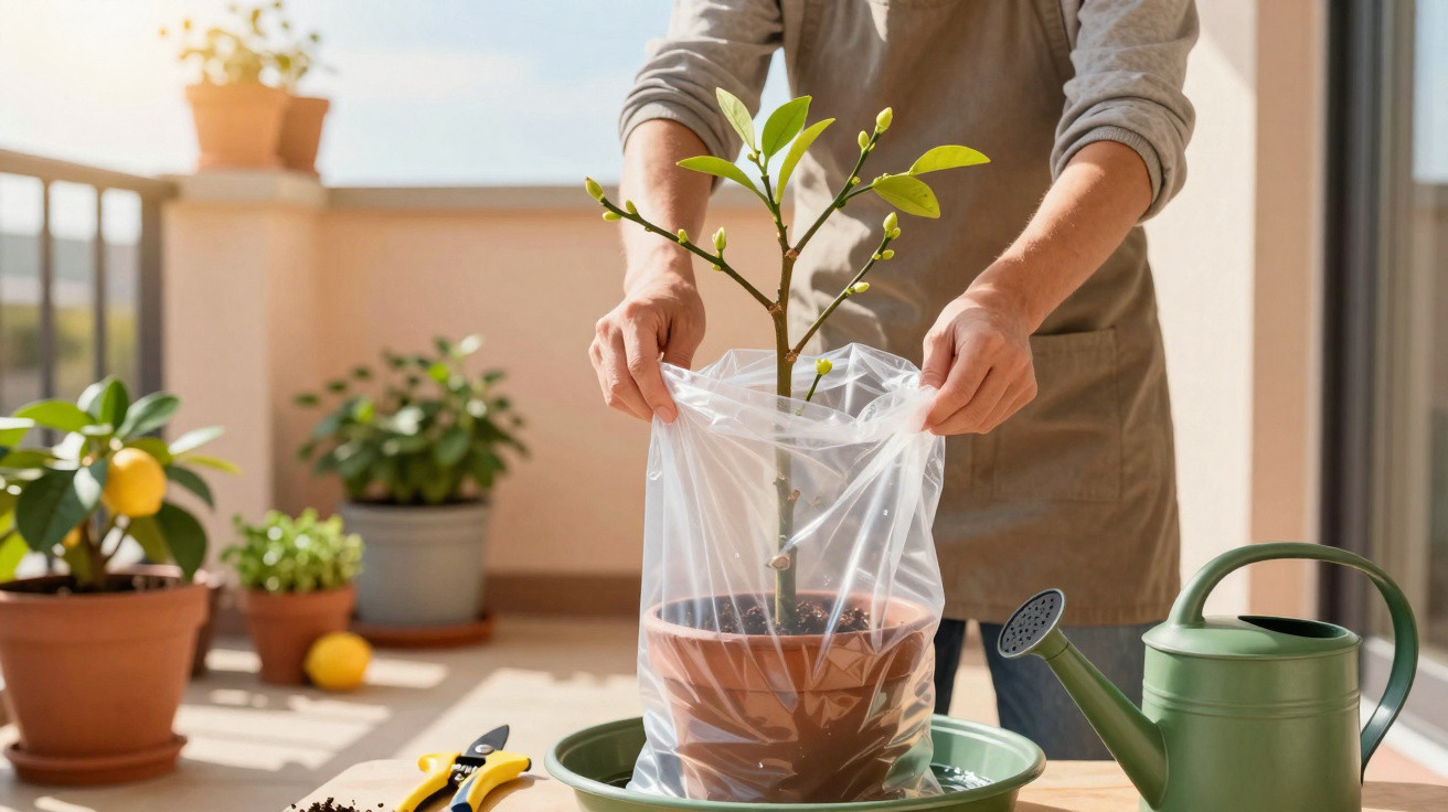 Person stellt einen jungen Baum in einen Topf auf einem Balkon mit Gartengeräten und Giesskanne.