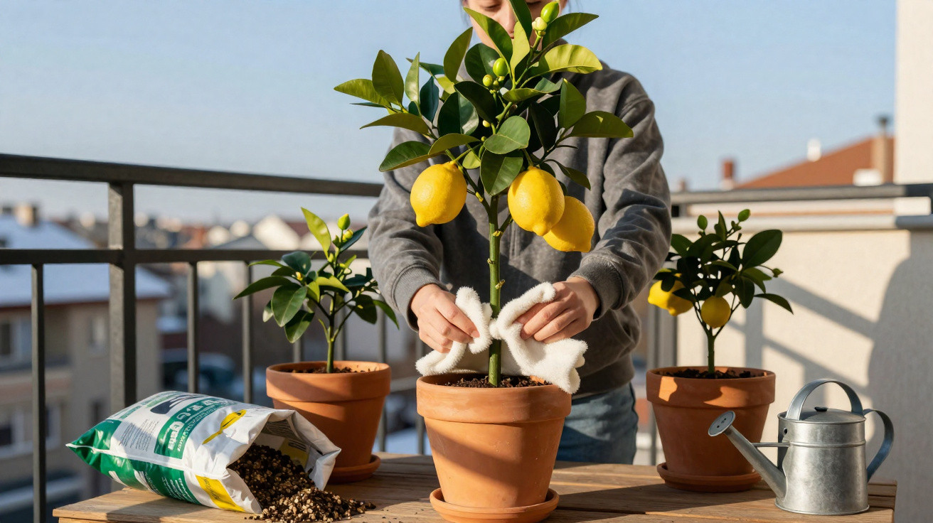 Person gießt und pflegt Zitronenbäume in Töpfen auf Balkon bei sonnigem Wetter.