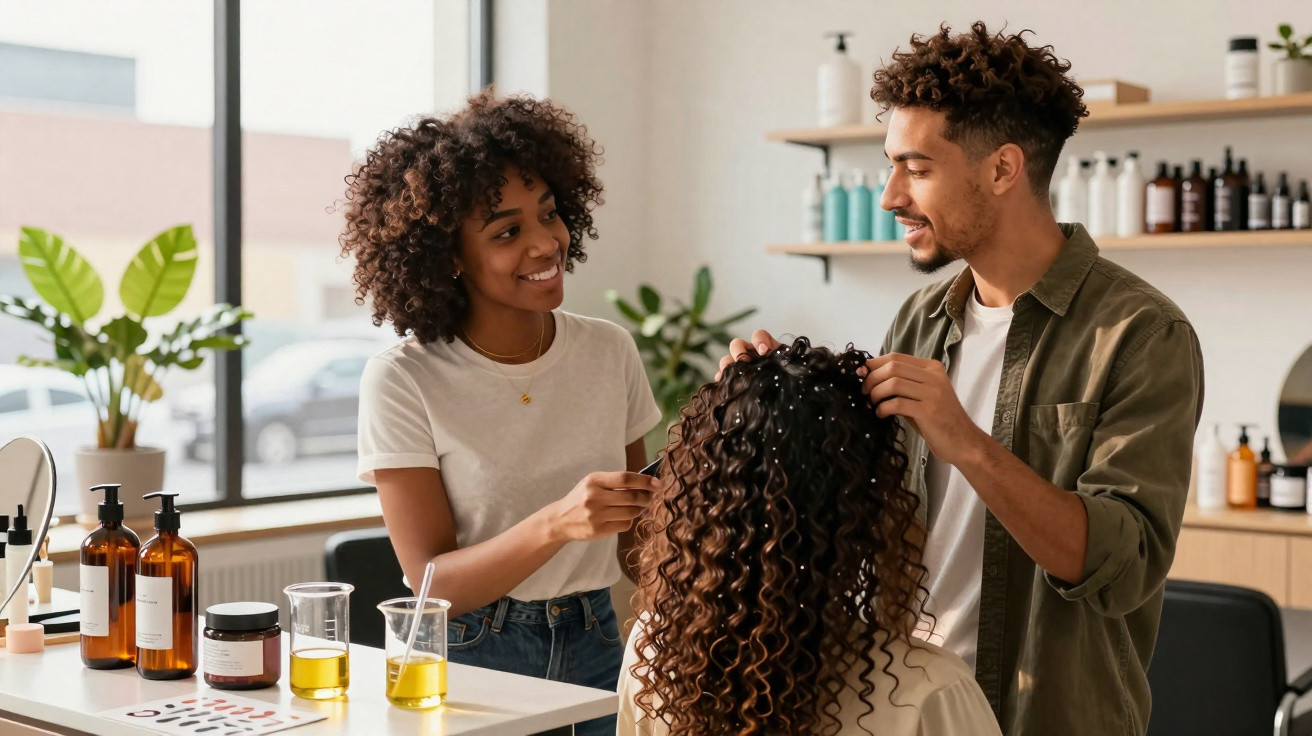 Zwei Personen stylen die lockigen Haare einer dritten Person in einem hellen Frisörsalon.