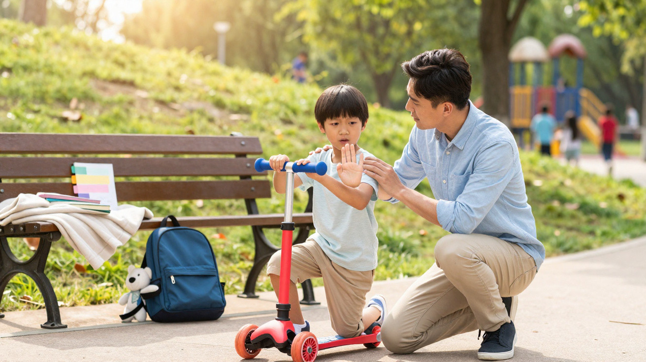Vater bringt seinem Sohn das Scooter-Fahren bei im Park an sonnigem Nachmittag.